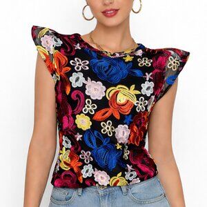 Belle Vere Floral Embroidered Mesh Top M Black Sheer Boho Festival Blouse Y2K